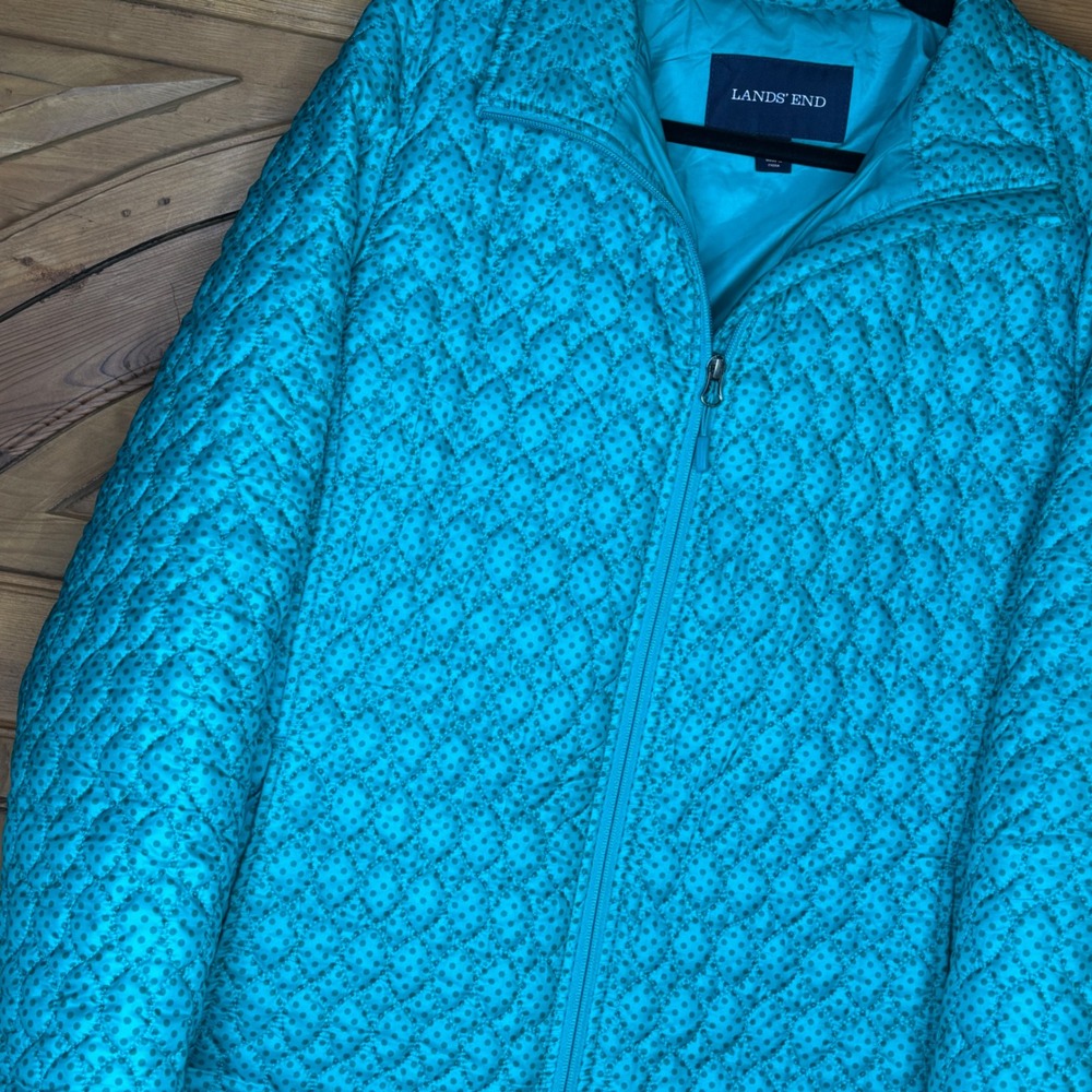Lands End Womens 1X Quilted Primaloft Jacket Turquoise Polka Dot Full Zip Coat